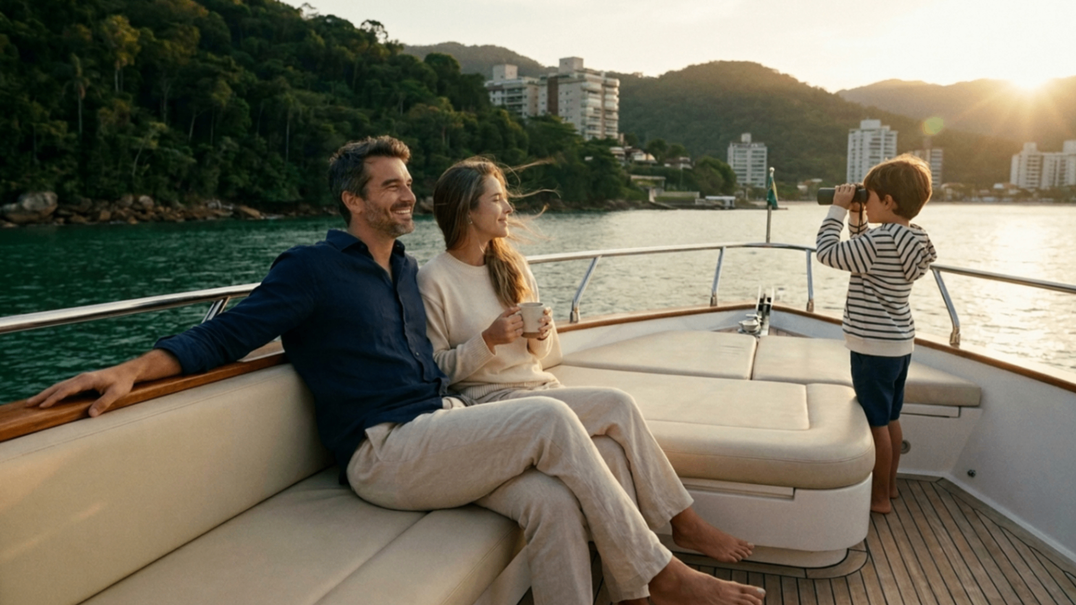 Family on a yacht at sunset
